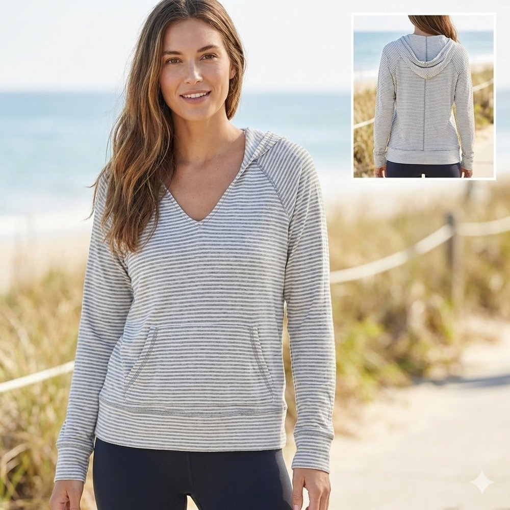 Beyond‎ Yoga Womens Striped V-Neck Hoodie Gray White Raglan Long Sleeve XL